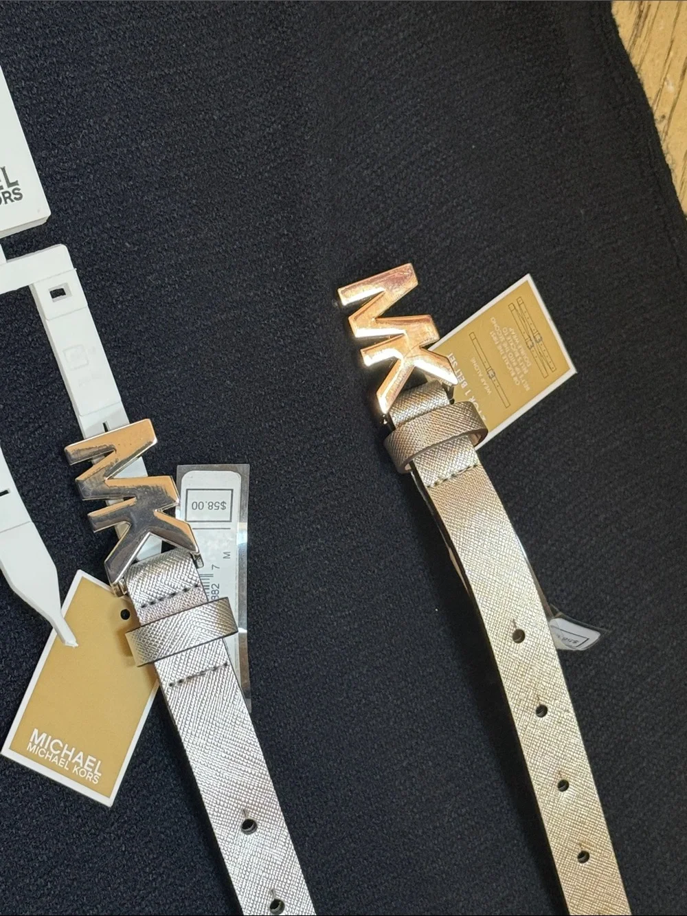 Michael Kors Metallic   Gold and  Silver MK Logo Skinny Belt